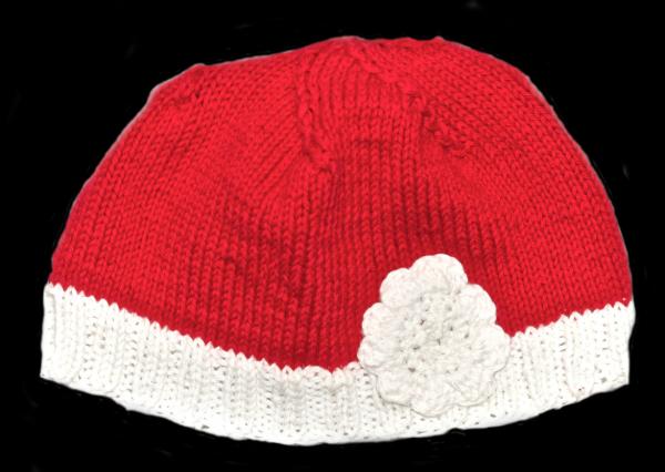 Hand knitted baby cap in red and white with a head circumference 41 cm 16,14 inch